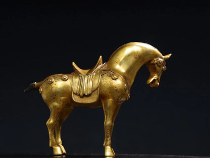 11"Tibetan Temple Collection Old Bronze Gilded Cinnabar Tang Ma Horse Statue Amass wealth Ornaments Town house Exorcism