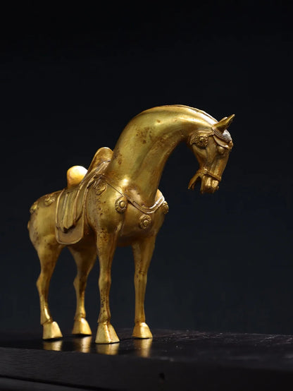 11"Tibetan Temple Collection Old Bronze Gilded Cinnabar Tang Ma Horse Statue Amass wealth Ornaments Town house Exorcism