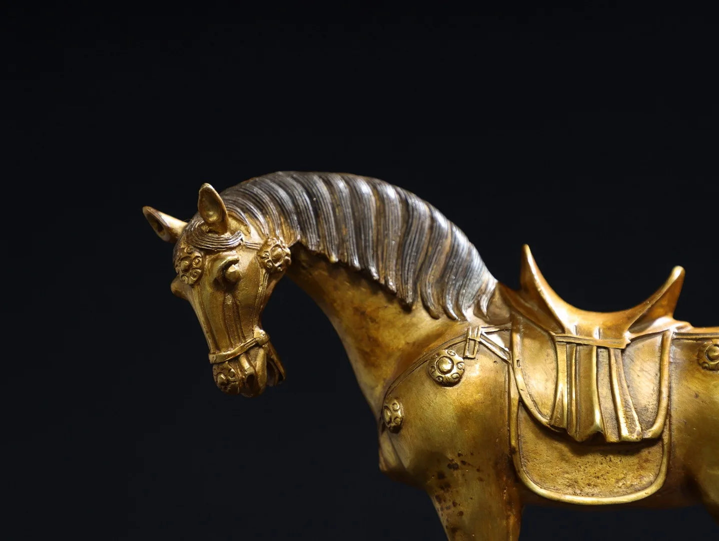 11"Tibetan Temple Collection Old Bronze Gilded Cinnabar Tang Ma Horse Statue Amass wealth Ornaments Town house Exorcism