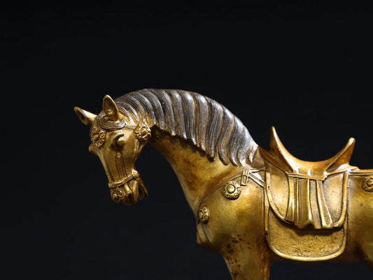 11"Tibetan Temple Collection Old Bronze Gilded Cinnabar Tang Ma Horse Statue Amass wealth Ornaments Town house Exorcism