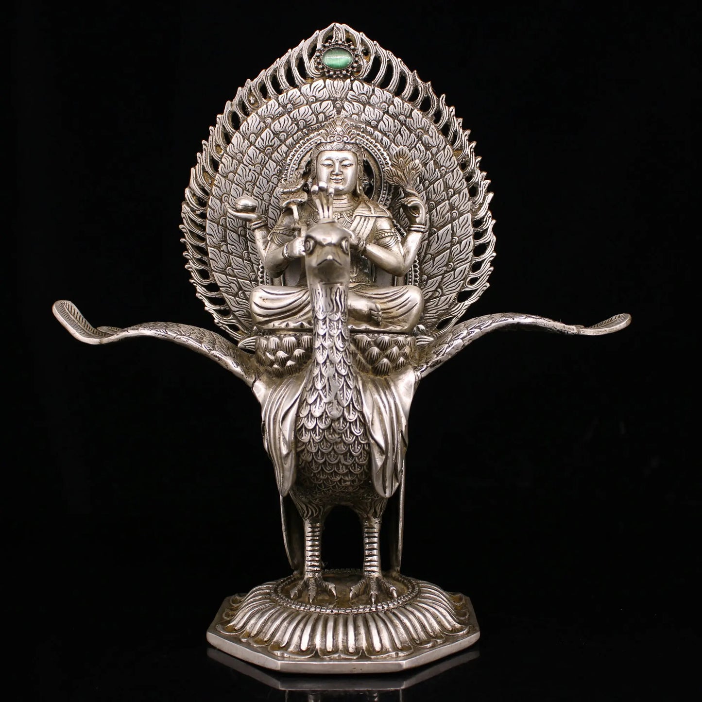 11"Tibetan Temple Collection Old Bronze Gilded Silver Cinnabar Mosaic Gem Mahamayuri Peacock Mingwang Buddha Worship Hall