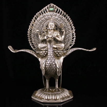 11"Tibetan Temple Collection Old Bronze Gilded Silver Cinnabar Mosaic Gem Mahamayuri Peacock Mingwang Buddha Worship Hall