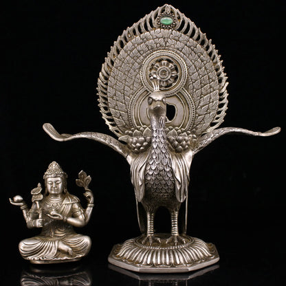 11"Tibetan Temple Collection Old Bronze Gilded Silver Cinnabar Mosaic Gem Mahamayuri Peacock Mingwang Buddha Worship Hall