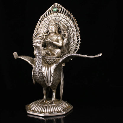 11"Tibetan Temple Collection Old Bronze Gilded Silver Cinnabar Mosaic Gem Mahamayuri Peacock Mingwang Buddha Worship Hall