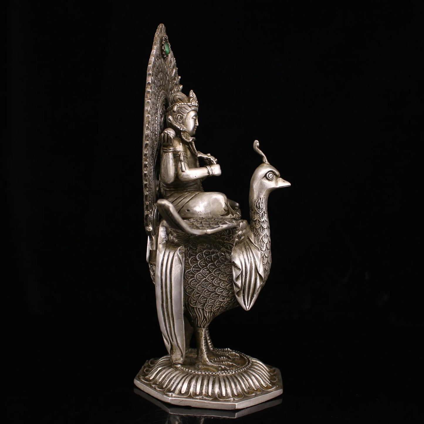 11"Tibetan Temple Collection Old Bronze Gilded Silver Cinnabar Mosaic Gem Mahamayuri Peacock Mingwang Buddha Worship Hall