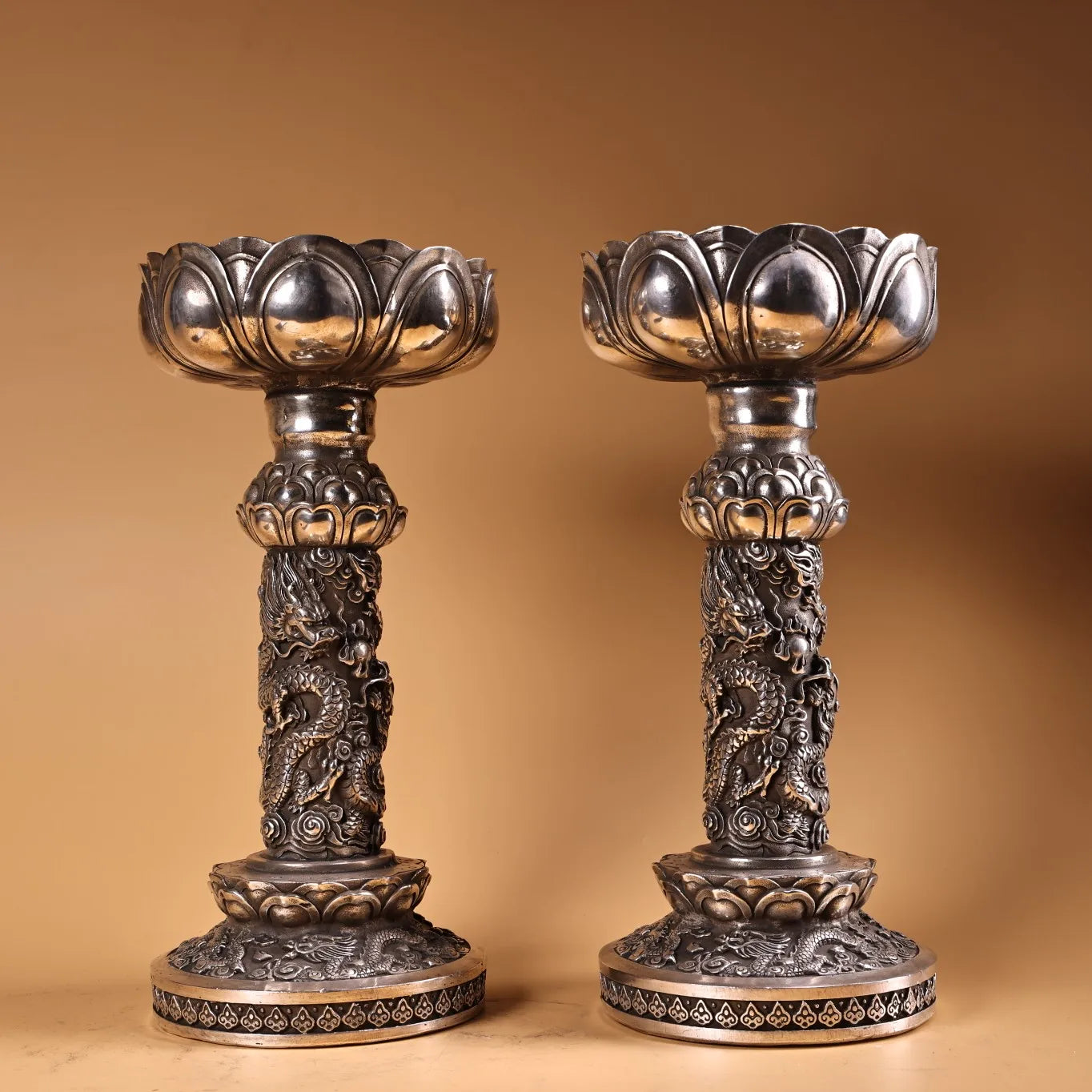 11"Tibetan Temple Collection Old Bronze Gilded silver Relief Dragon patterned Lotus Candlestick A pair Worship Hall Town house