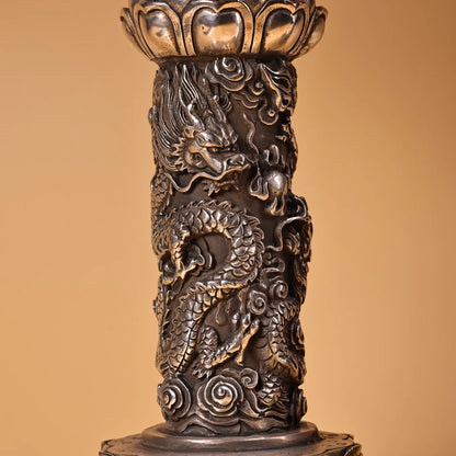 11"Tibetan Temple Collection Old Bronze Gilded silver Relief Dragon patterned Lotus Candlestick A pair Worship Hall Town house