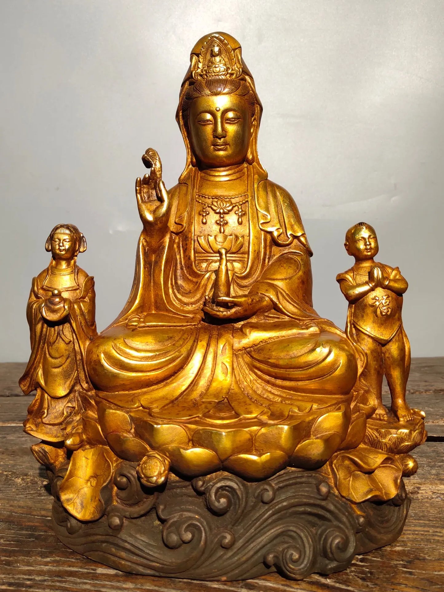 11"Tibetan Temple Collection Old Bronze Gilt golden boy and girl send child Guanyin Bodhisattva worship buddha Town house