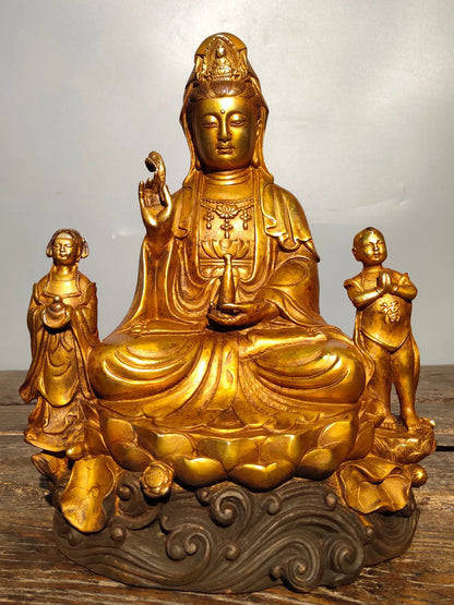 11"Tibetan Temple Collection Old Bronze Gilt golden boy and girl send child Guanyin Bodhisattva worship buddha Town house