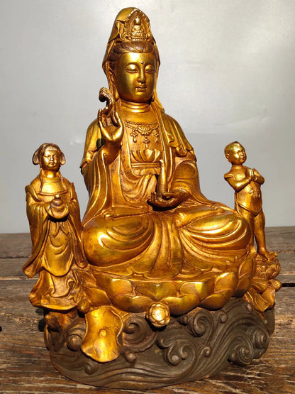 11"Tibetan Temple Collection Old Bronze Gilt golden boy and girl send child Guanyin Bodhisattva worship buddha Town house