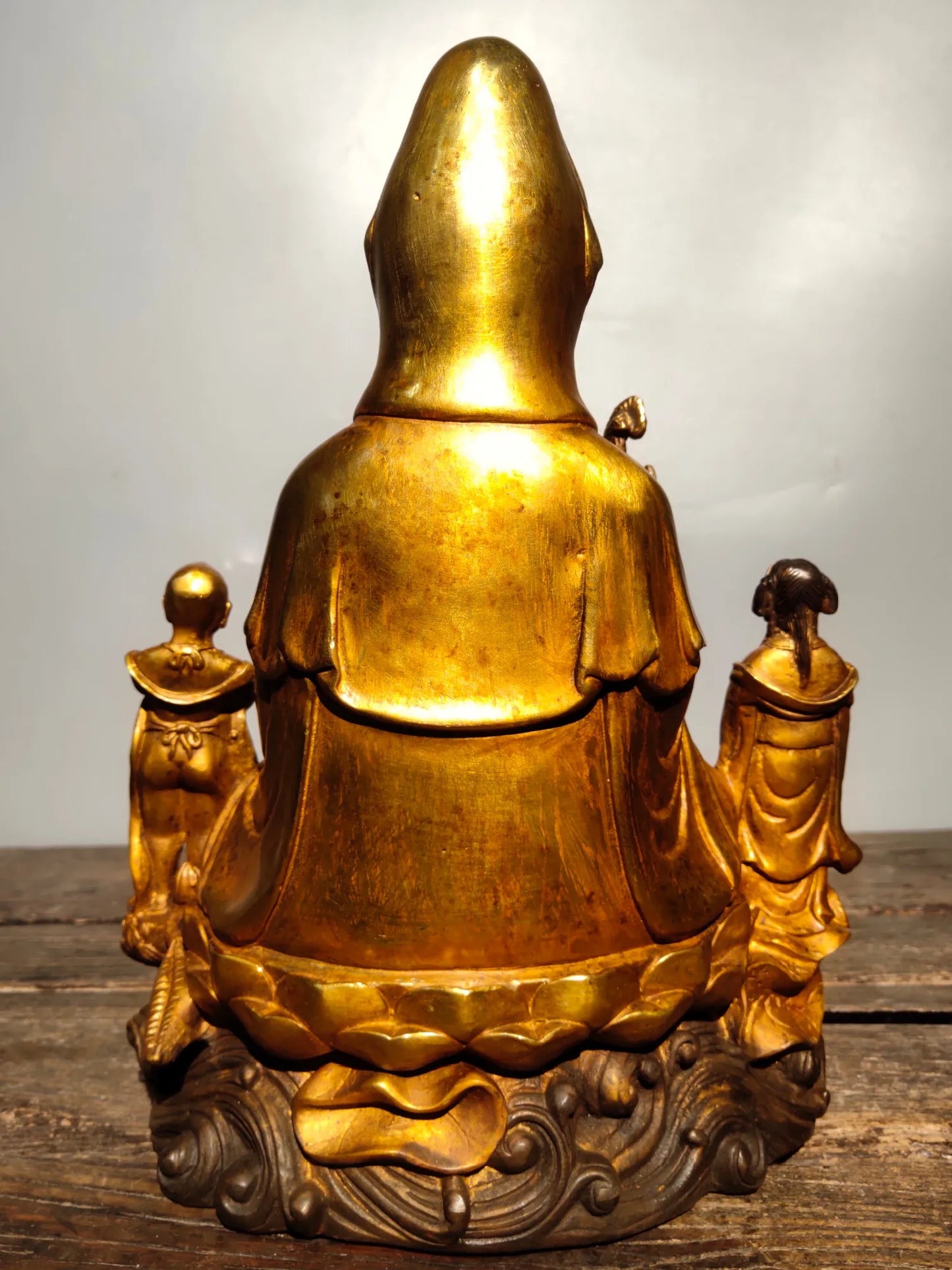 11"Tibetan Temple Collection Old Bronze Gilt golden boy and girl send child Guanyin Bodhisattva worship buddha Town house