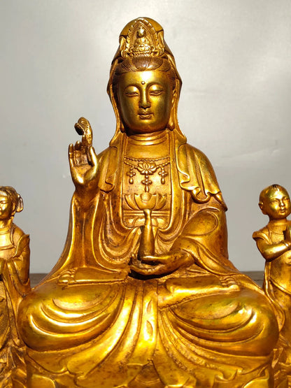 11"Tibetan Temple Collection Old Bronze Gilt golden boy and girl send child Guanyin Bodhisattva worship buddha Town house