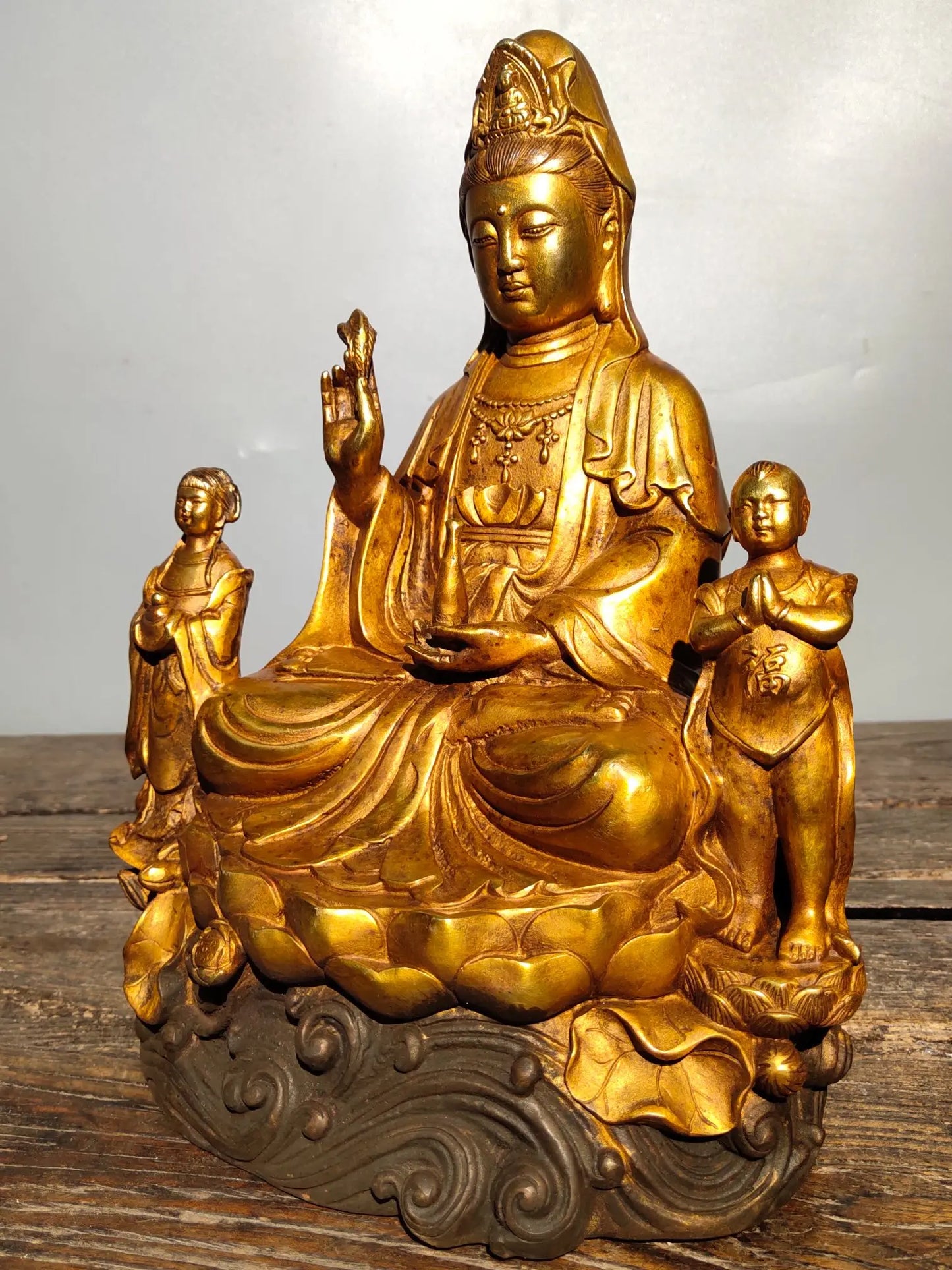 11"Tibetan Temple Collection Old Bronze Gilt golden boy and girl send child Guanyin Bodhisattva worship buddha Town house