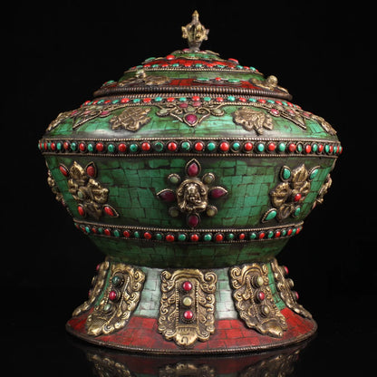 11"Tibetan Temple Collection Old Bronze Mosaic Gem Outline in gold Eight Treasures Meal pot Stove Ornaments Town House Exorcism