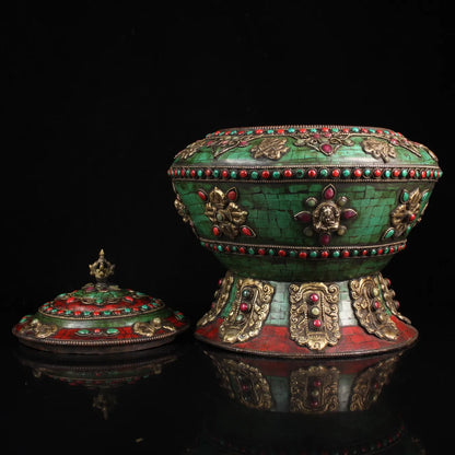 11"Tibetan Temple Collection Old Bronze Mosaic Gem Outline in gold Eight Treasures Meal pot Stove Ornaments Town House Exorcism