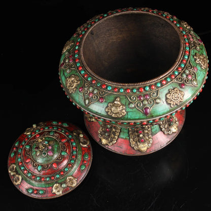 11"Tibetan Temple Collection Old Bronze Mosaic Gem Outline in gold Eight Treasures Meal pot Stove Ornaments Town House Exorcism