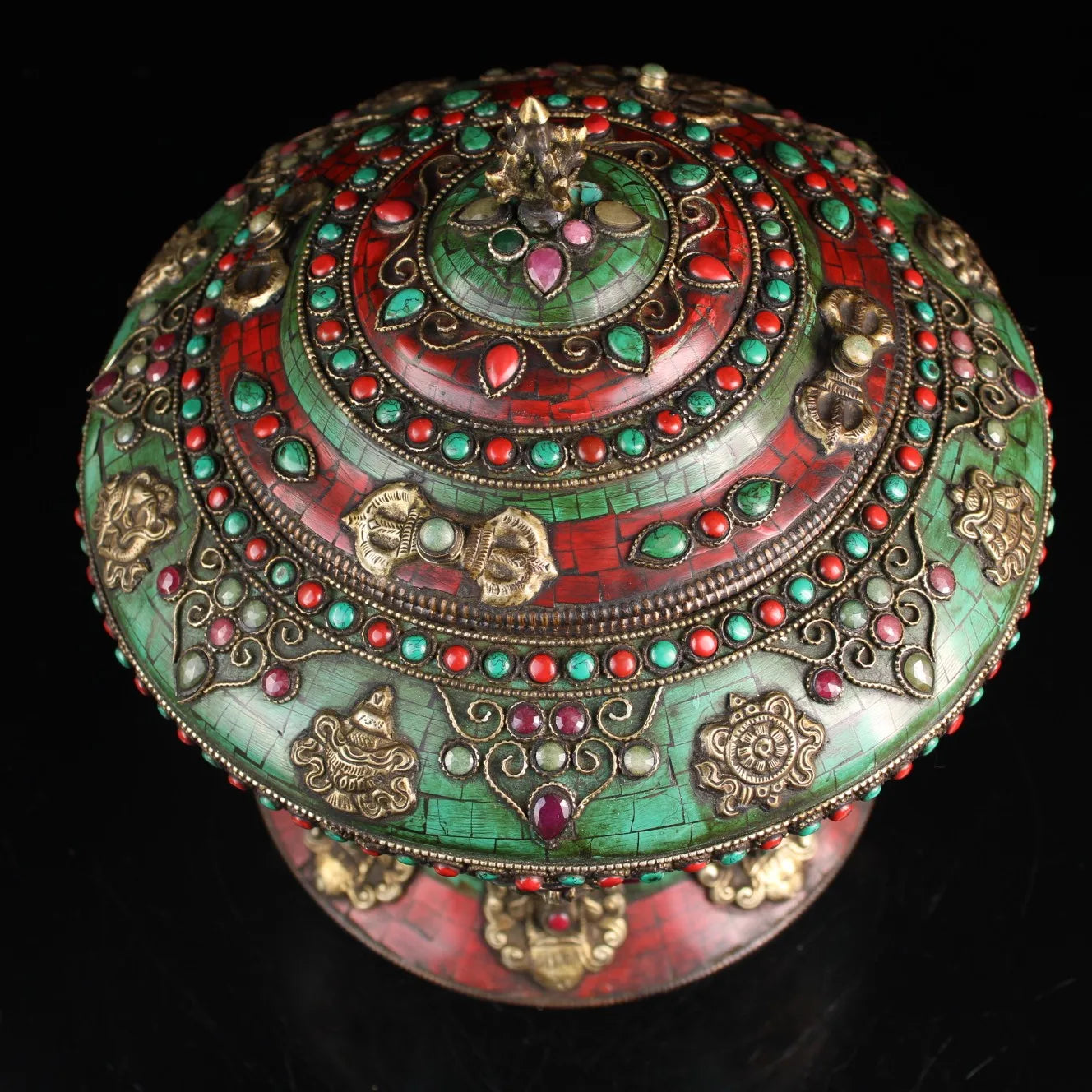 11"Tibetan Temple Collection Old Bronze Mosaic Gem Outline in gold Eight Treasures Meal pot Stove Ornaments Town House Exorcism