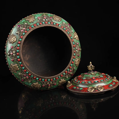11"Tibetan Temple Collection Old Bronze Mosaic Gem Outline in gold Eight Treasures Meal pot Stove Ornaments Town House Exorcism