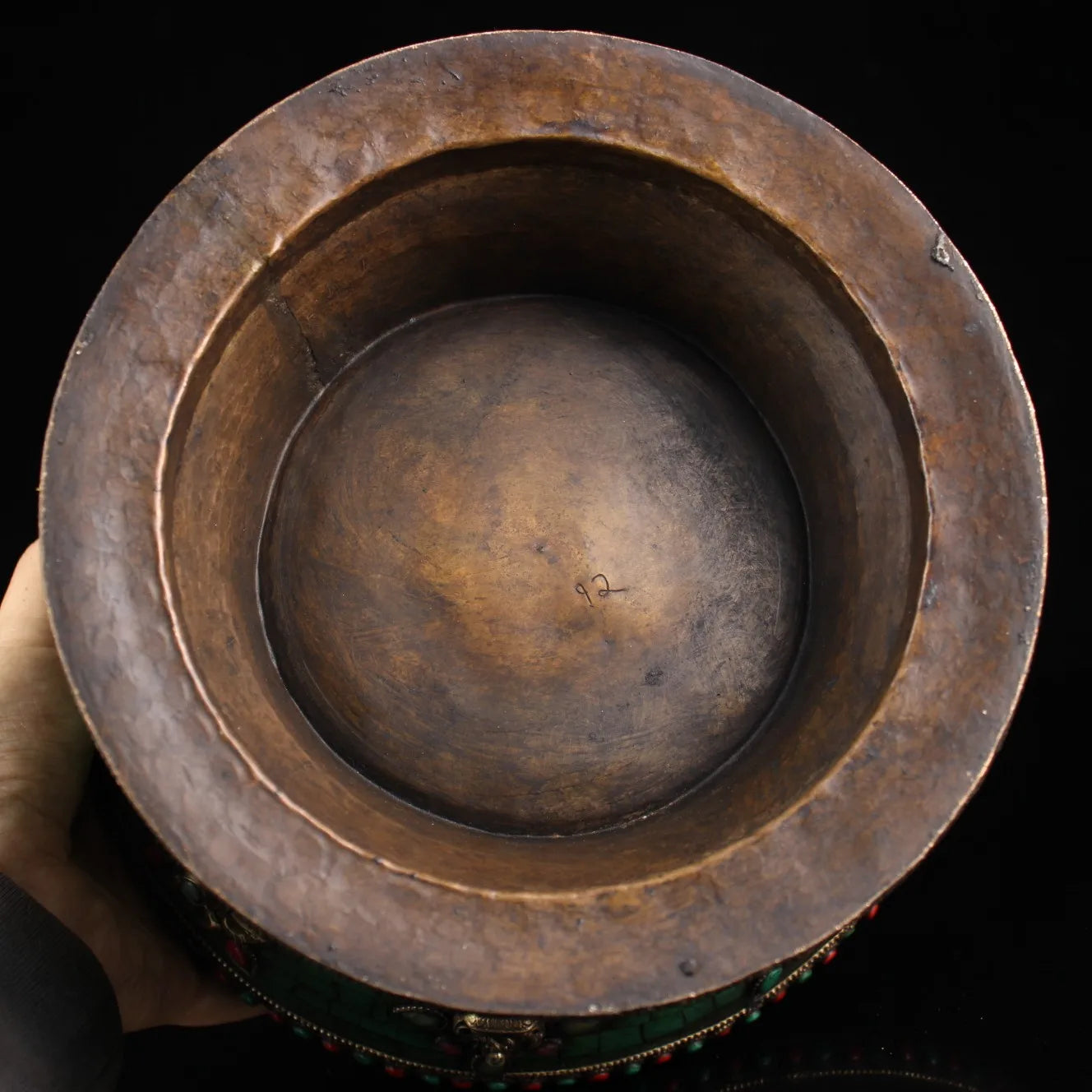 11"Tibetan Temple Collection Old Bronze Mosaic Gem Outline in gold Eight Treasures Meal pot Stove Ornaments Town House Exorcism