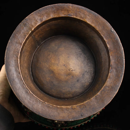 11"Tibetan Temple Collection Old Bronze Mosaic Gem Outline in gold Eight Treasures Meal pot Stove Ornaments Town House Exorcism