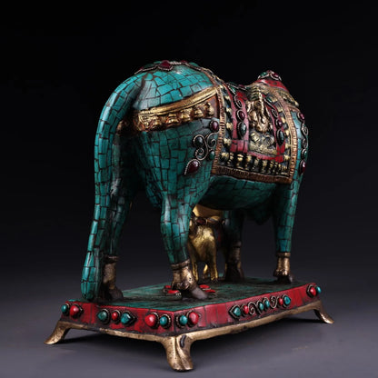 11"Tibetan Temple Collection Old Bronze Outline in gold Gem zodiac ox mother and child cow affection Mother-child relationship