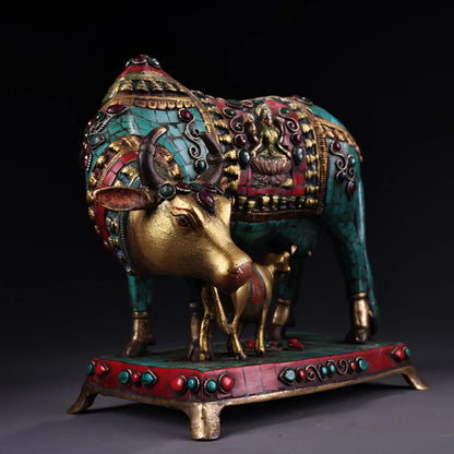 11"Tibetan Temple Collection Old Bronze Outline in gold Gem zodiac ox mother and child cow affection Mother-child relationship