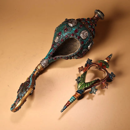 11"Tibetan Temple Collection Old Bronze Outline in gold Mosaic Gem Turquoise Conch Phoenix Tail Amulet Dharma Worship Hall