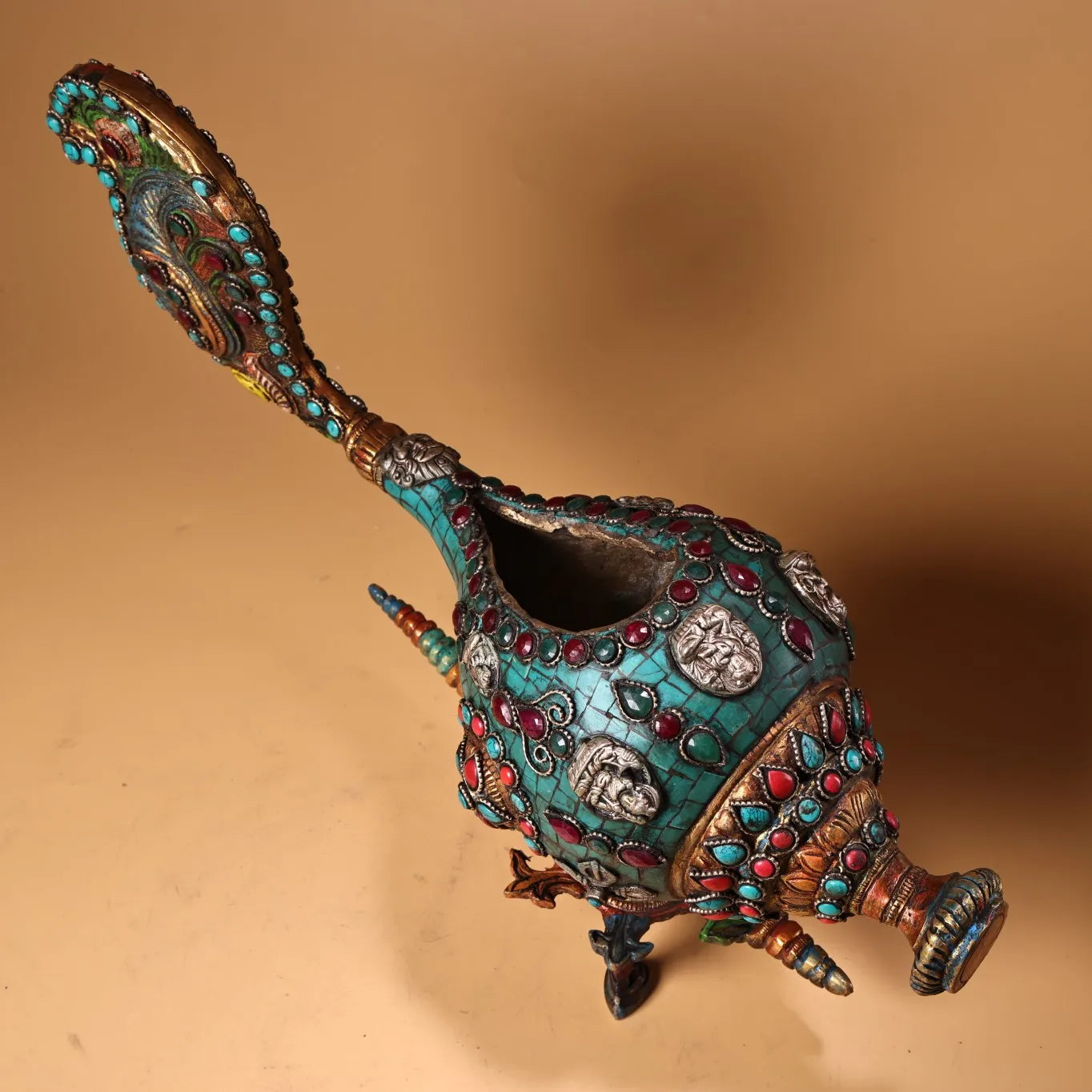 11"Tibetan Temple Collection Old Bronze Outline in gold Mosaic Gem Turquoise Conch Phoenix Tail Amulet Dharma Worship Hall