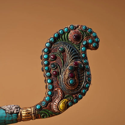 11"Tibetan Temple Collection Old Bronze Outline in gold Mosaic Gem Turquoise Conch Phoenix Tail Amulet Dharma Worship Hall