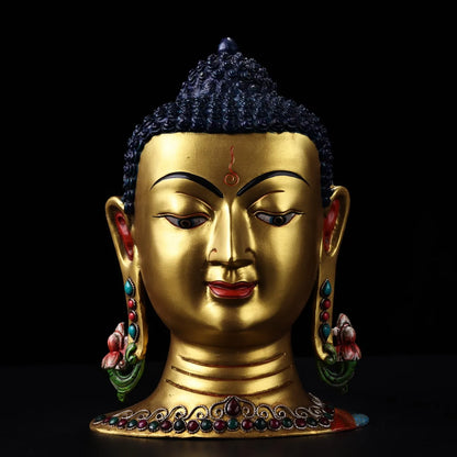 11"Tibetan Temple Collection Old Bronze Outline in gold mosaic Gem Turquoise Shakyamuni Buddha Head worship hall Town house