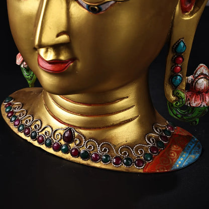 11"Tibetan Temple Collection Old Bronze Outline in gold mosaic Gem Turquoise Shakyamuni Buddha Head worship hall Town house