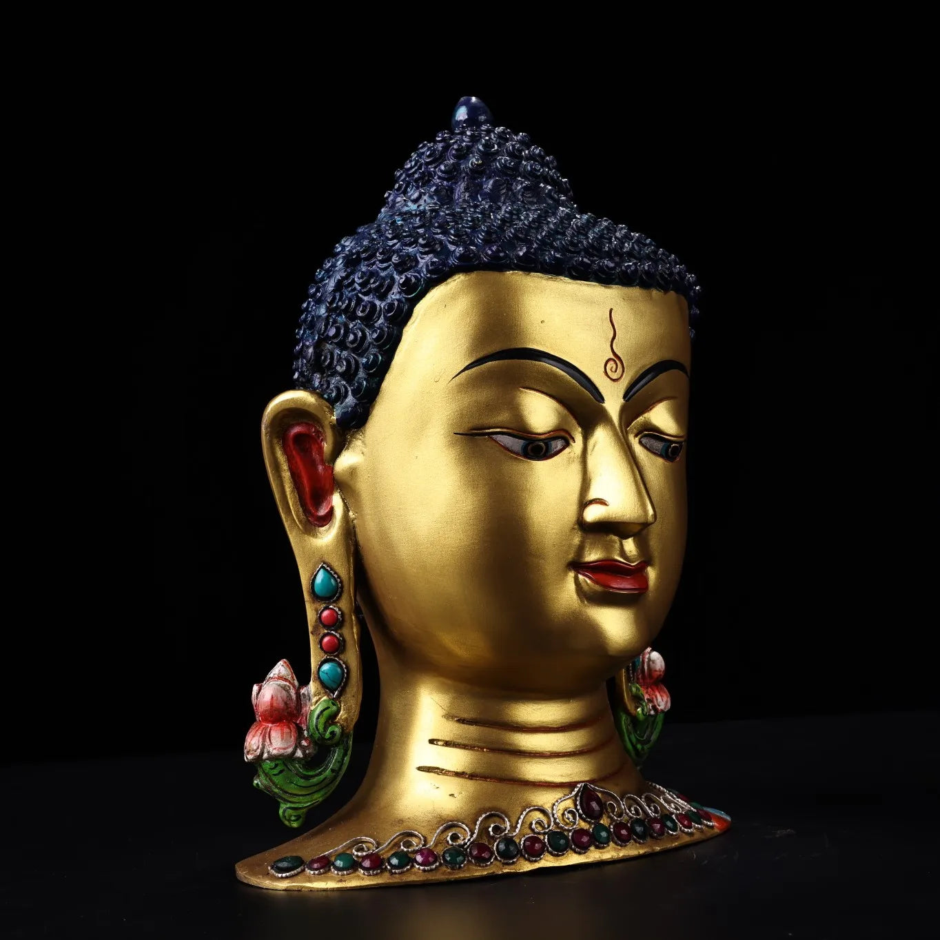 11"Tibetan Temple Collection Old Bronze Outline in gold mosaic Gem Turquoise Shakyamuni Buddha Head worship hall Town house