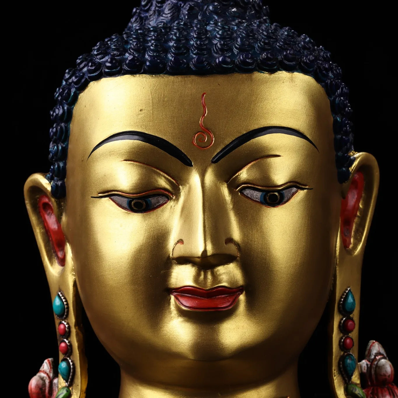 11"Tibetan Temple Collection Old Bronze Outline in gold mosaic Gem Turquoise Shakyamuni Buddha Head worship hall Town house