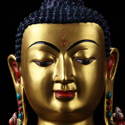 11"Tibetan Temple Collection Old Bronze Outline in gold mosaic Gem Turquoise Shakyamuni Buddha Head worship hall Town house
