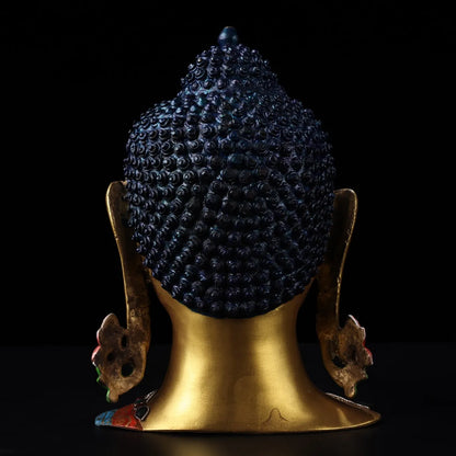 11"Tibetan Temple Collection Old Bronze Outline in gold mosaic Gem Turquoise Shakyamuni Buddha Head worship hall Town house