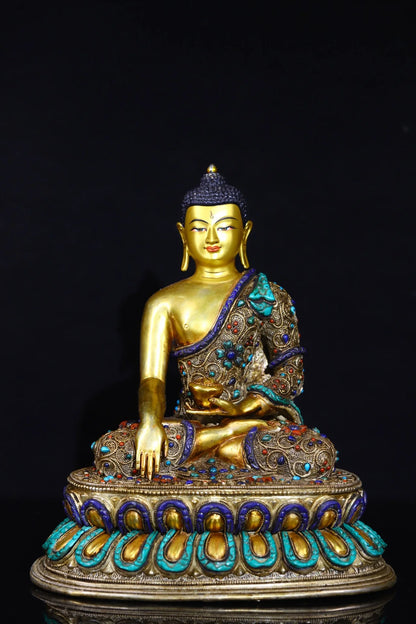 11"Tibetan Temple Collection Old Bronze Outline in gold mosaic gem turquoise Shakyamuni lotus platform worship buddha