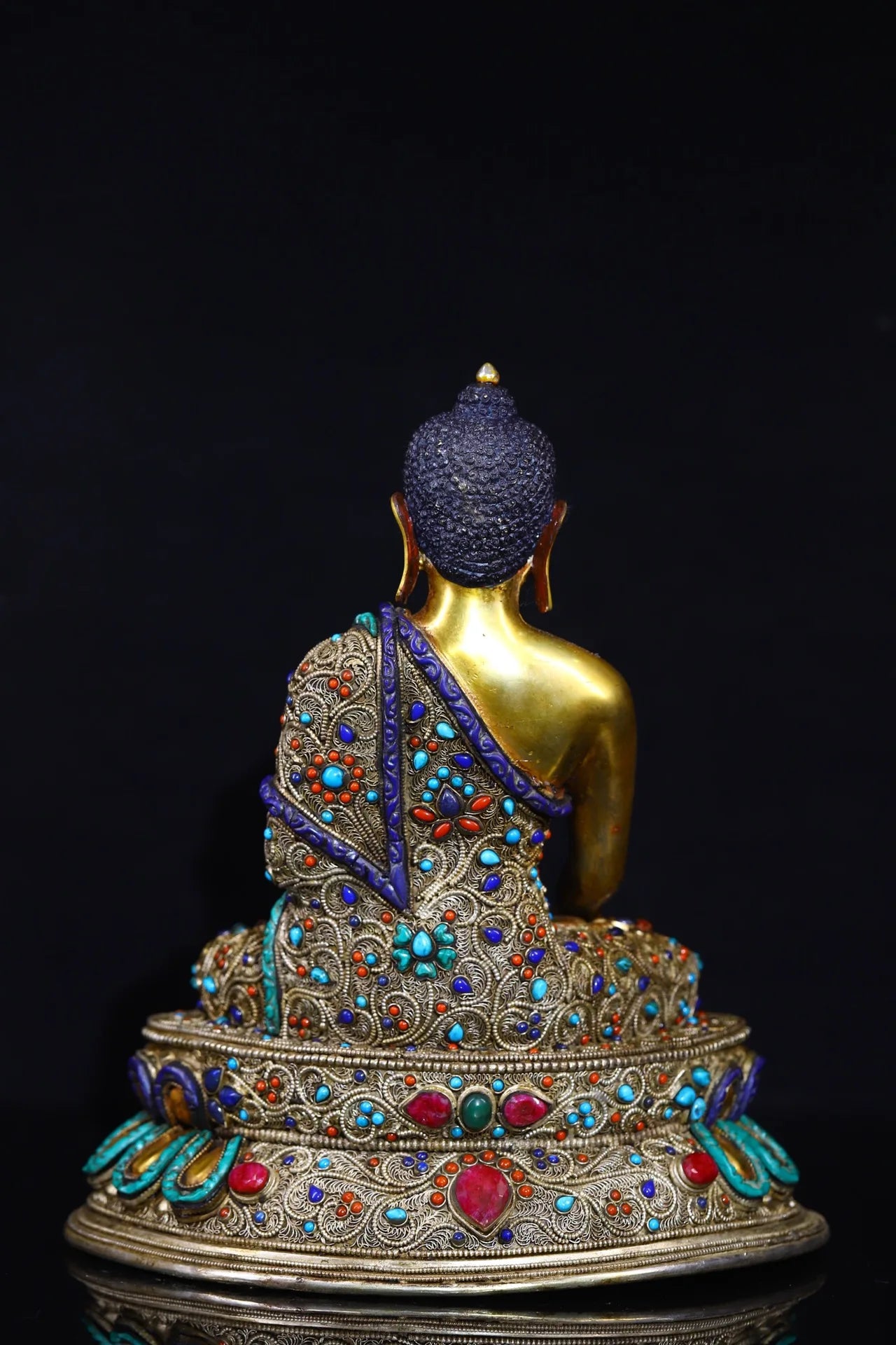 11"Tibetan Temple Collection Old Bronze Outline in gold mosaic gem turquoise Shakyamuni lotus platform worship buddha