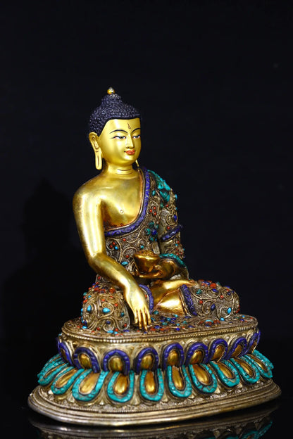 11"Tibetan Temple Collection Old Bronze Outline in gold mosaic gem turquoise Shakyamuni lotus platform worship buddha
