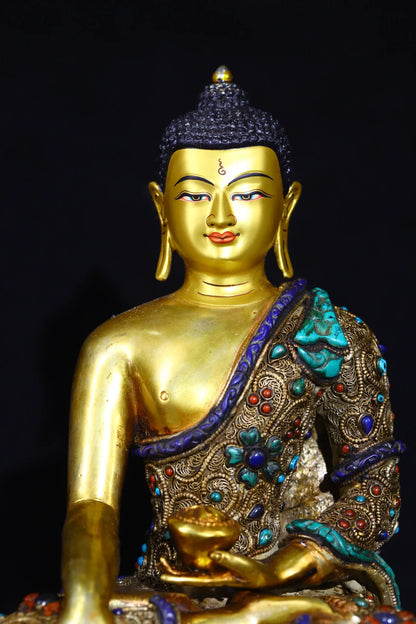 11"Tibetan Temple Collection Old Bronze Outline in gold mosaic gem turquoise Shakyamuni lotus platform worship buddha