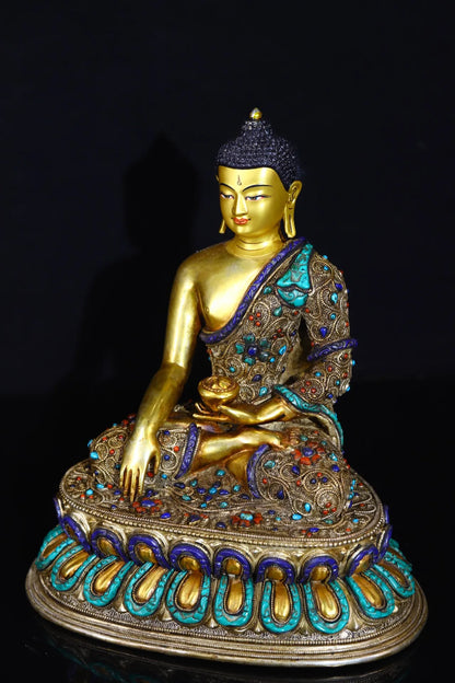 11"Tibetan Temple Collection Old Bronze Outline in gold mosaic gem turquoise Shakyamuni lotus platform worship buddha