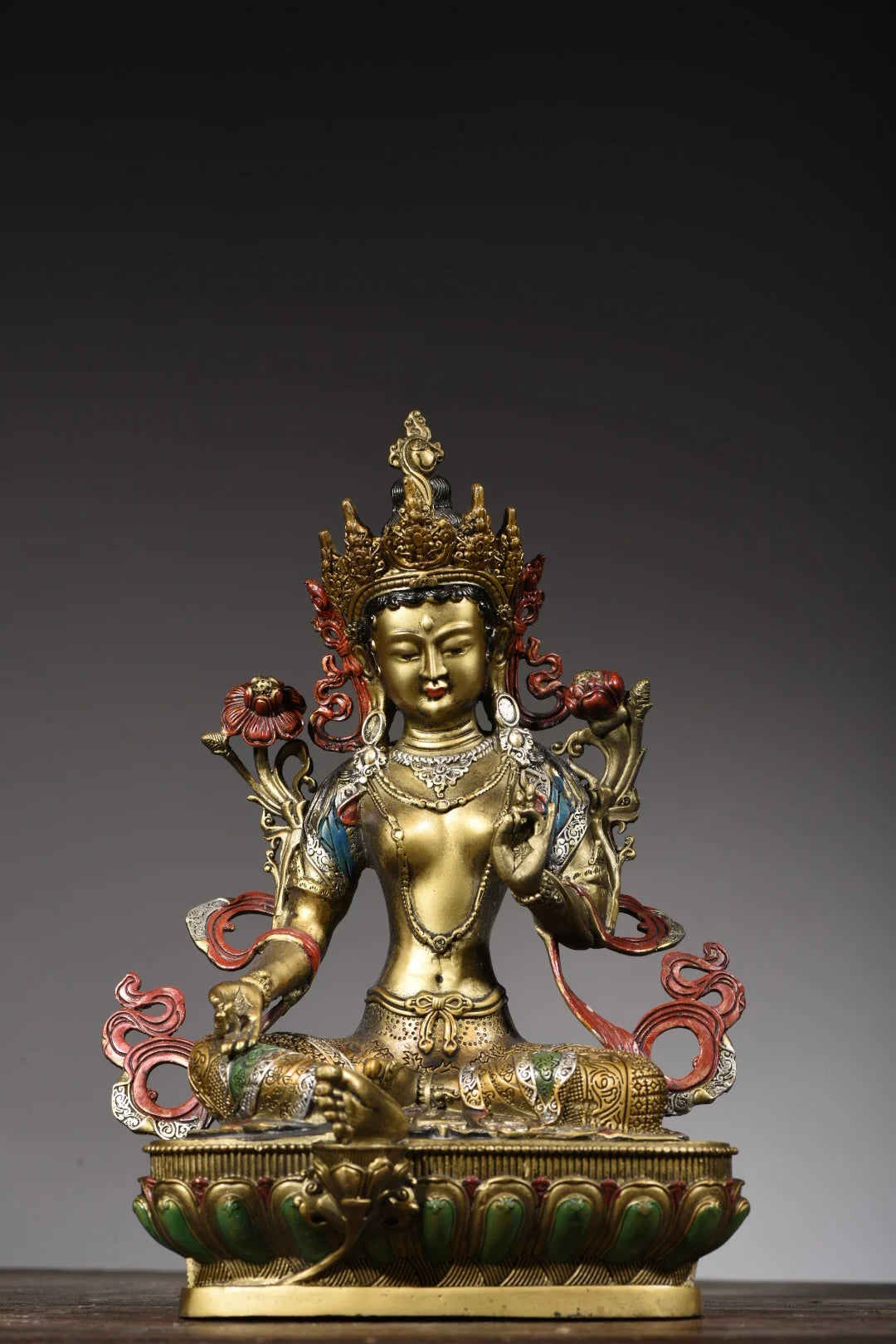 11"Tibetan Temple Collection Old Bronze Painted Green Tara Bodhisattva lotus platform worship buddha Town House Exorcism