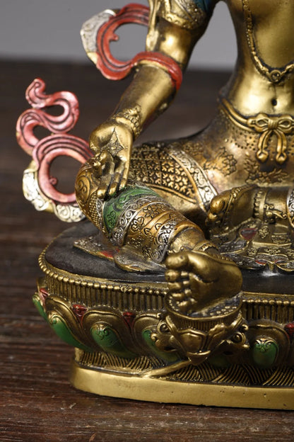 11"Tibetan Temple Collection Old Bronze Painted Green Tara Bodhisattva lotus platform worship buddha Town House Exorcism