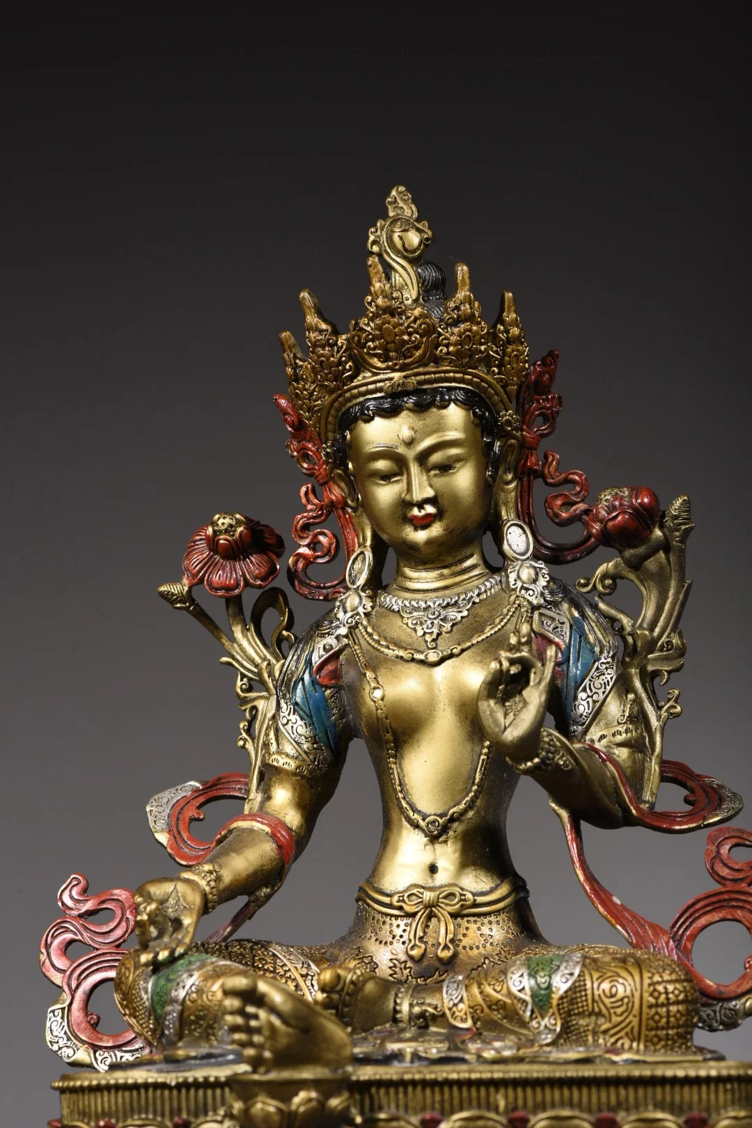 11"Tibetan Temple Collection Old Bronze Painted Green Tara Bodhisattva lotus platform worship buddha Town House Exorcism