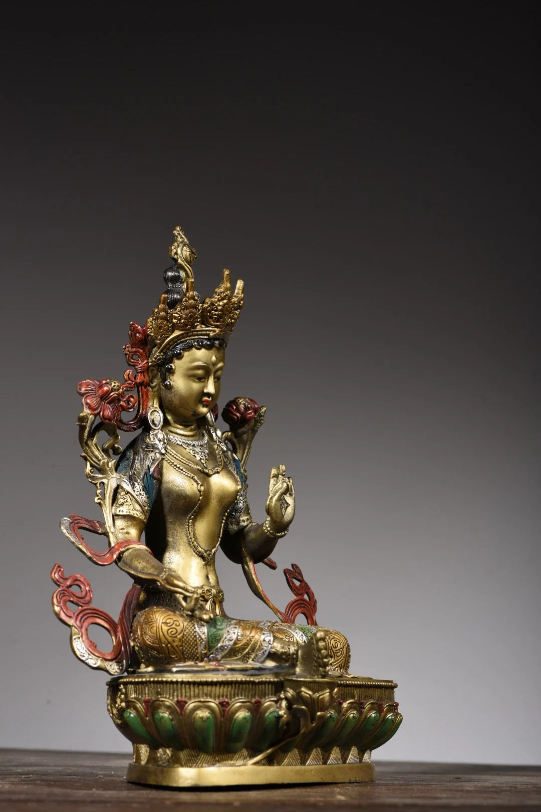 11"Tibetan Temple Collection Old Bronze Painted Green Tara Bodhisattva lotus platform worship buddha Town House Exorcism