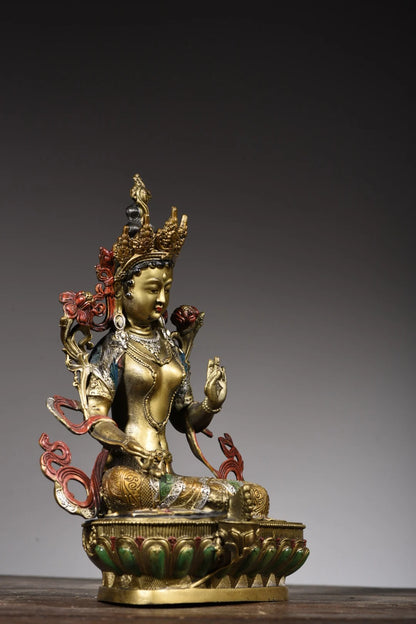 11"Tibetan Temple Collection Old Bronze Painted Green Tara Bodhisattva lotus platform worship buddha Town House Exorcism