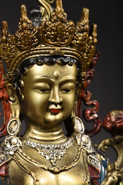 11"Tibetan Temple Collection Old Bronze Painted Green Tara Bodhisattva lotus platform worship buddha Town House Exorcism