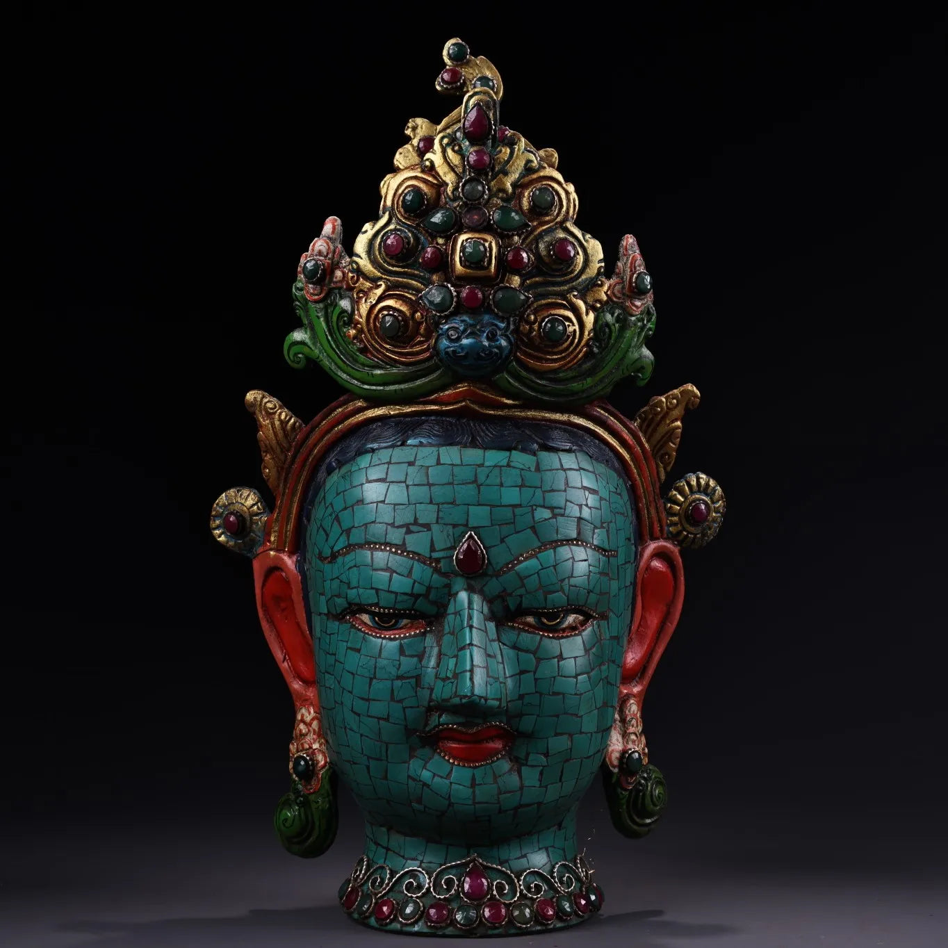 11"Tibetan Temple Collection Old Bronze Painted Outline in gold Gem Turquoise Green Tara Buddha Head Worship Hall Town house