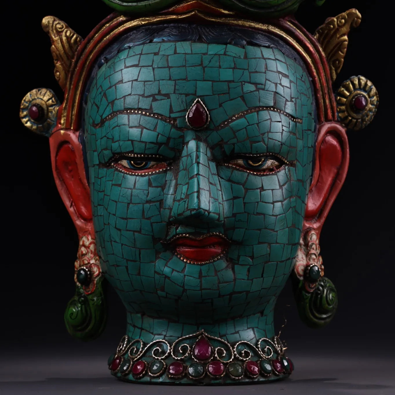 11"Tibetan Temple Collection Old Bronze Painted Outline in gold Gem Turquoise Green Tara Buddha Head Worship Hall Town house