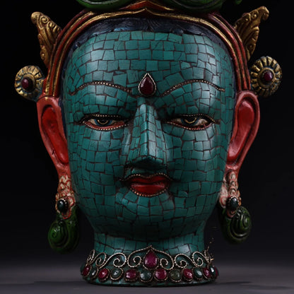 11"Tibetan Temple Collection Old Bronze Painted Outline in gold Gem Turquoise Green Tara Buddha Head Worship Hall Town house