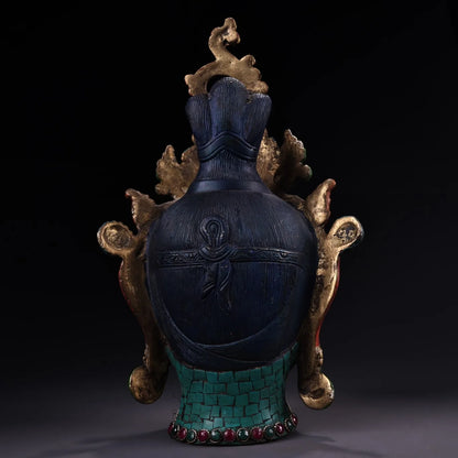 11"Tibetan Temple Collection Old Bronze Painted Outline in gold Gem Turquoise Green Tara Buddha Head Worship Hall Town house